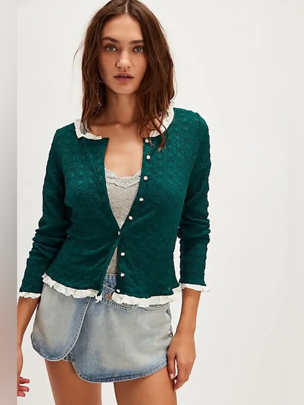 Free People Blackbird Cardi | Forrest Green Ruffled Sheer Button Up Cardigan